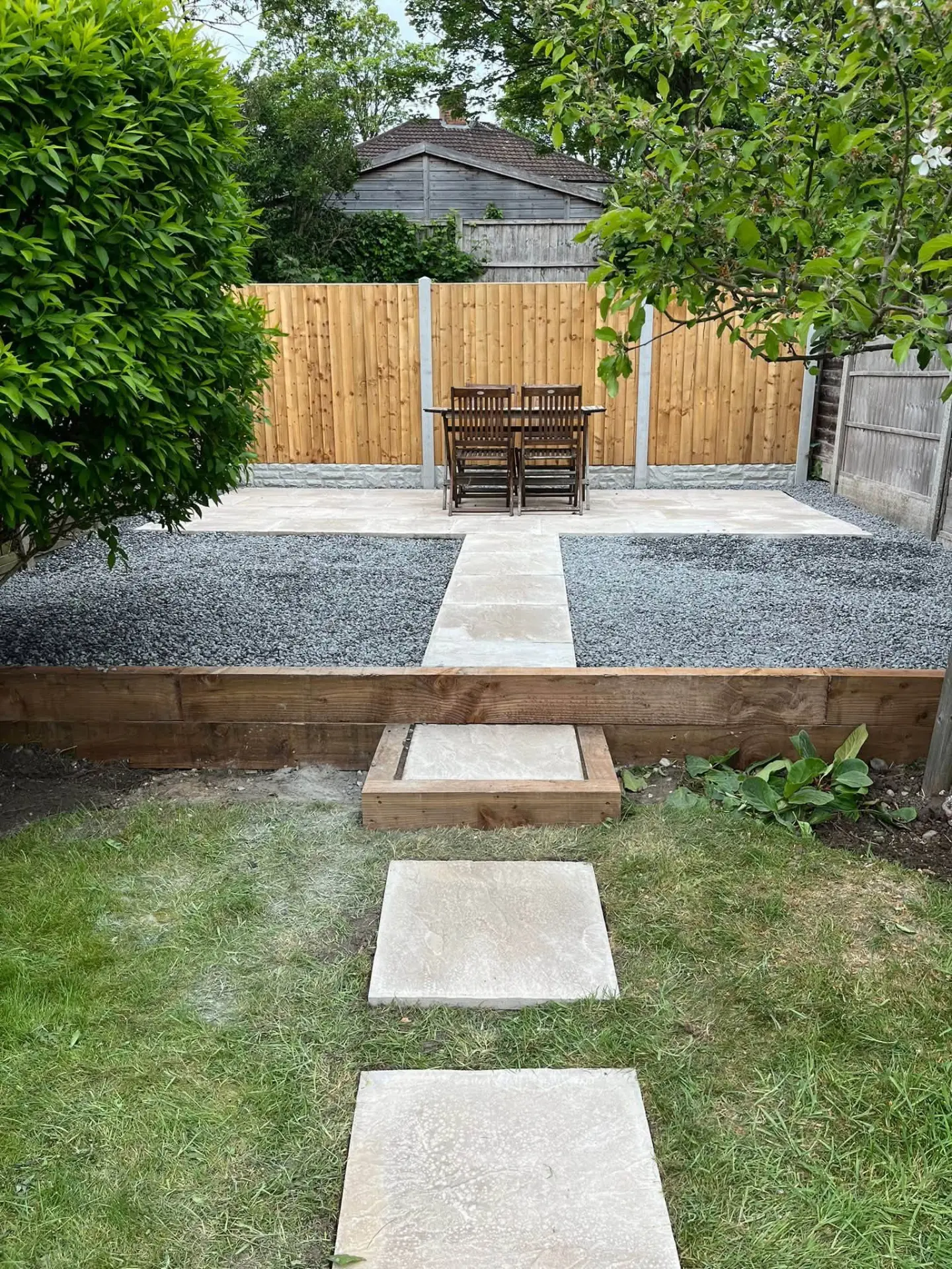 The same garden finished with a new patio, gravel borders, stepping slabs and a new fence